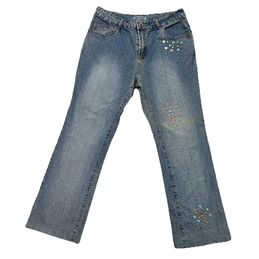 VTG Y2k Med Wash Straight Jeans Womens Studded McBling Denim Rodeo 13/14 Petite - Picture 1 of 10